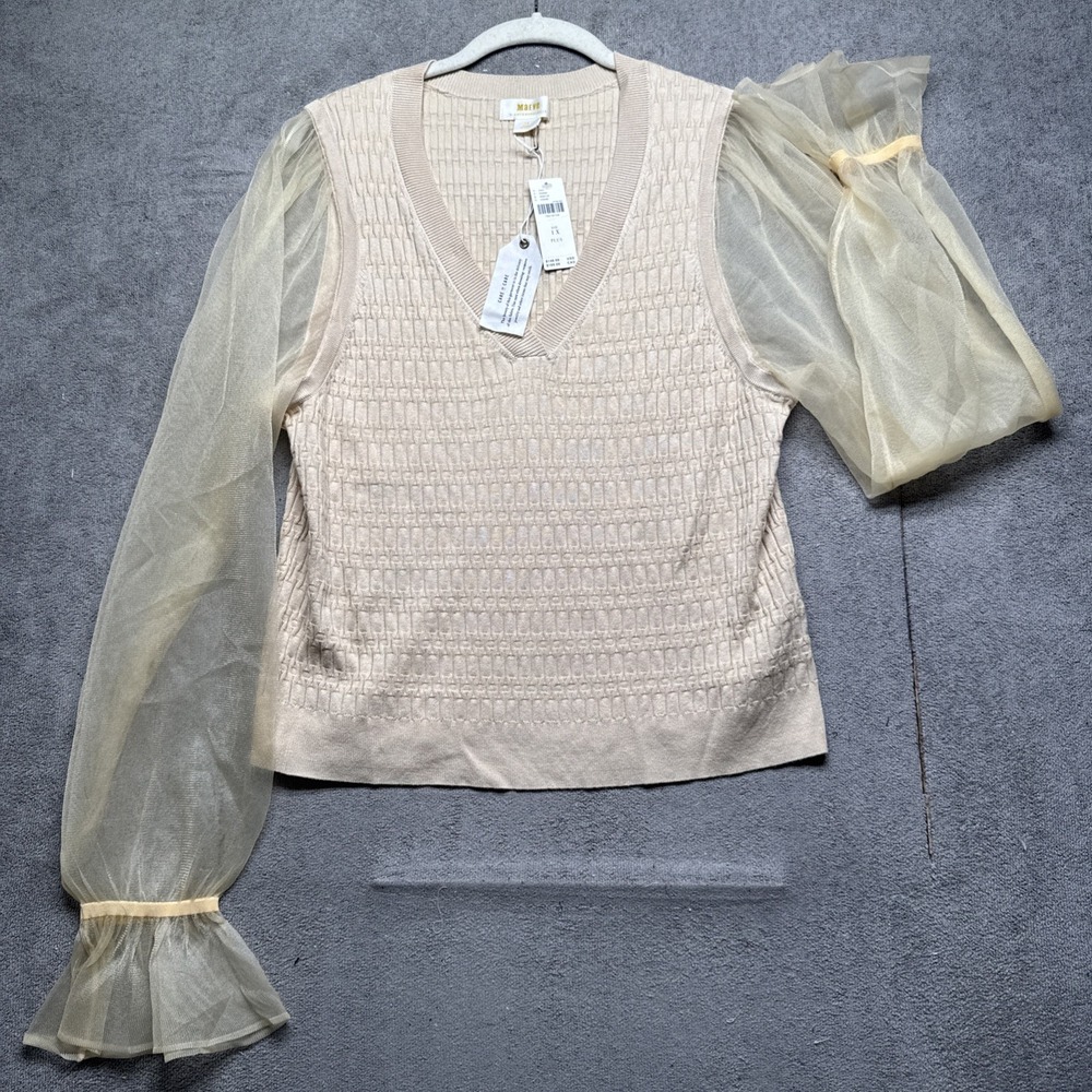 Anthropologie Maeve Cream Sheer Sleeve Knit Top Romantic Castlecore 1X Plus